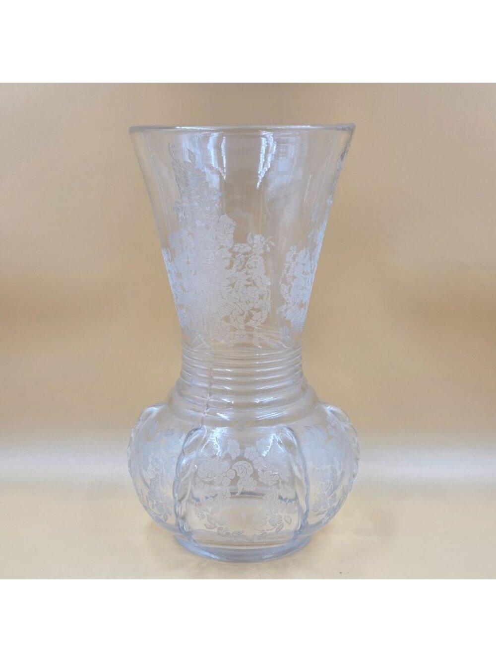 New Martinsville Flower Basket Clear Etch 26 Glass Flower Vase Vintage